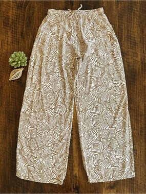 Batik Bali | Vintage Geometric Swirl Print Lounge Pants - Neutral/Beige, Size XL